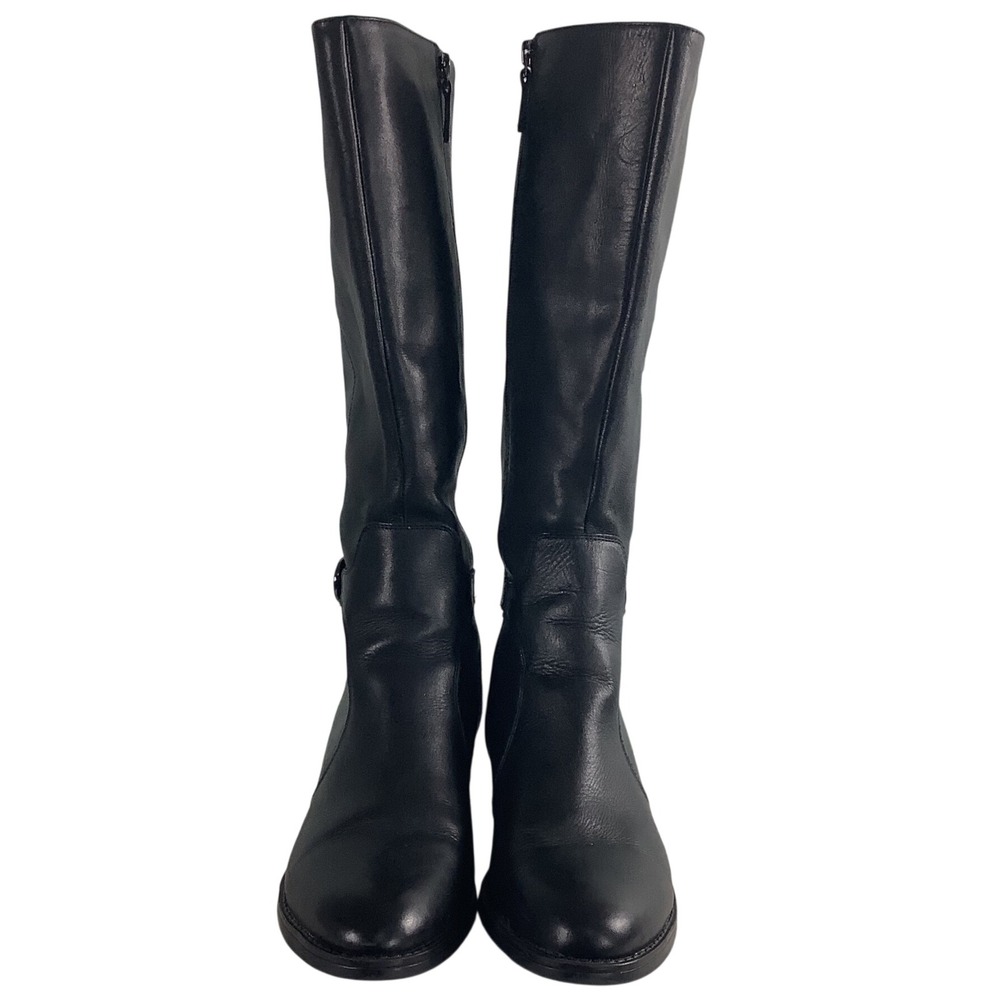 Franco Sarto Cecily Black Leather Knee‎ High Boots Wide 11W 733410 Low Heel